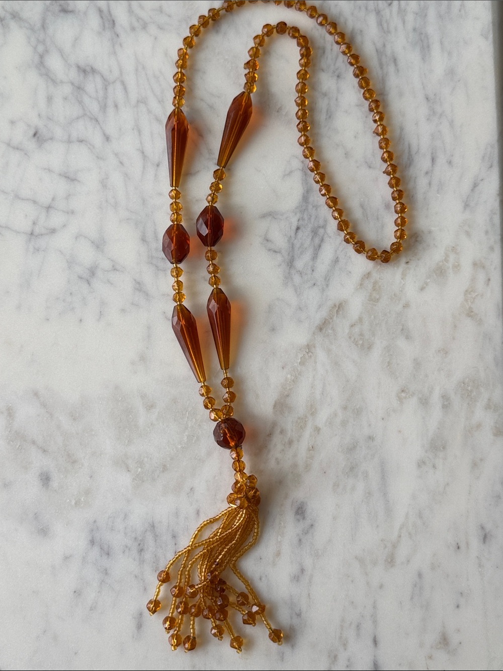 Vintage art deco Czech glass amber bohemian beaded tassel long necklace jewelry